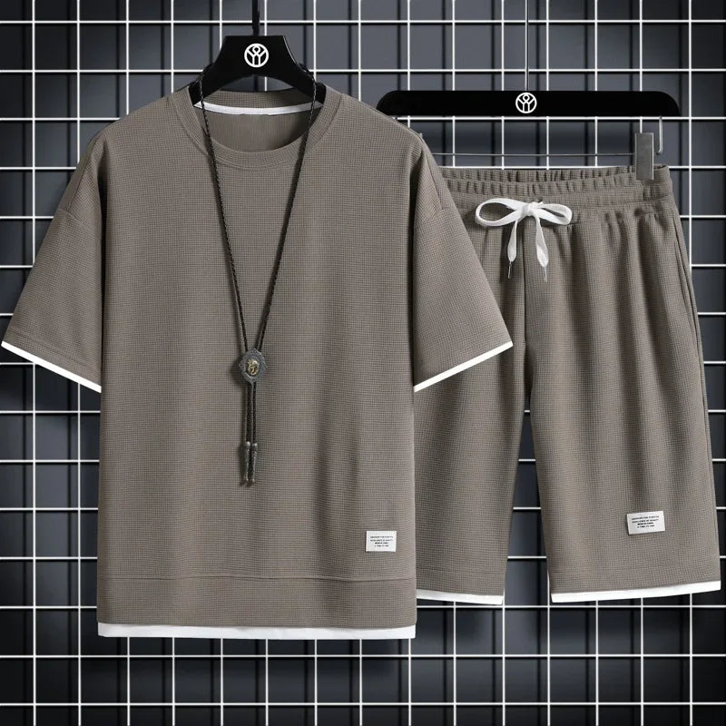 2023 sommer männer Sport Set Casual T-Shirt + Shorts Set Waffel Einfarbig Kurzhülse Shorts Zwei Sets trainingsanzug Lose Anzüge