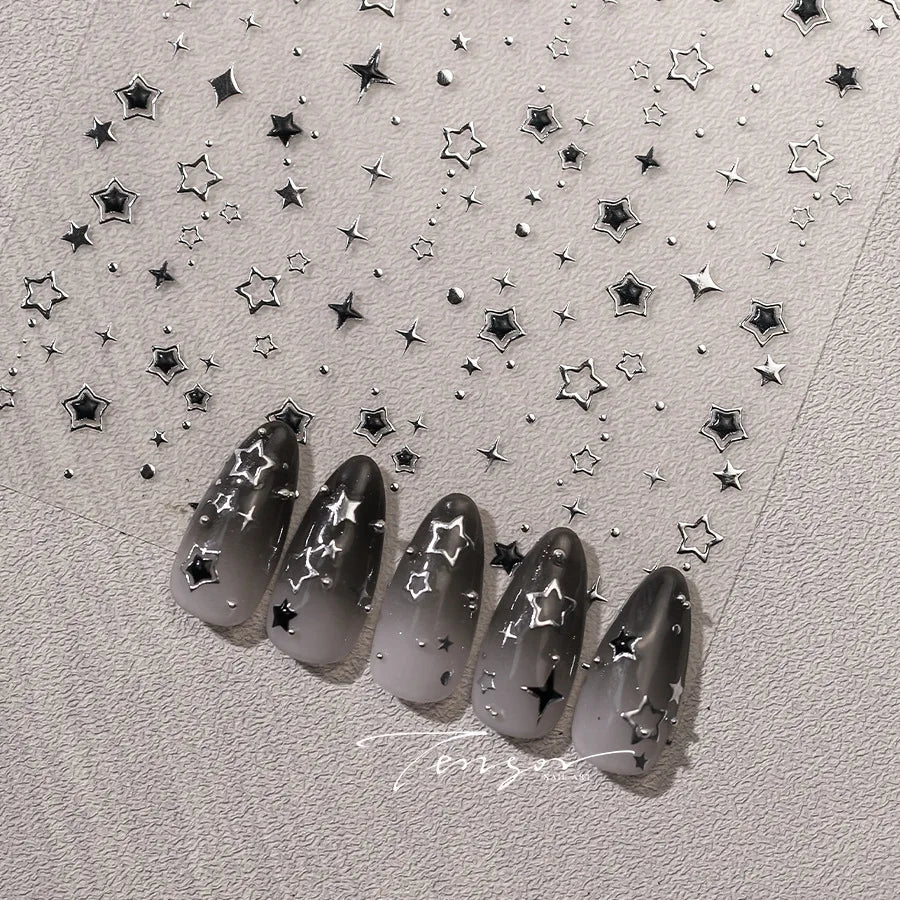 1pc 5D Y2K Gothic Metall Schwarz Silber Sterne Nagel Aufkleber Luxus Stern Nail art Aufkleber Vergoldung Hohl 5-zackigen Nagel Design Slider