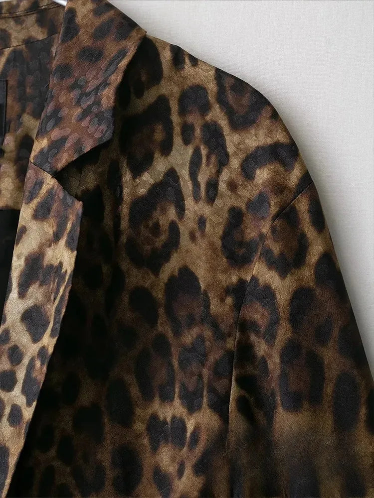 KONDALA Vintage Leopardenmuster Damenanzüge V-Ausschnitt Schärpen Langarm Übergroßer Blazer + Hose mit weitem Bein Mode 2025, Herbstanzüge