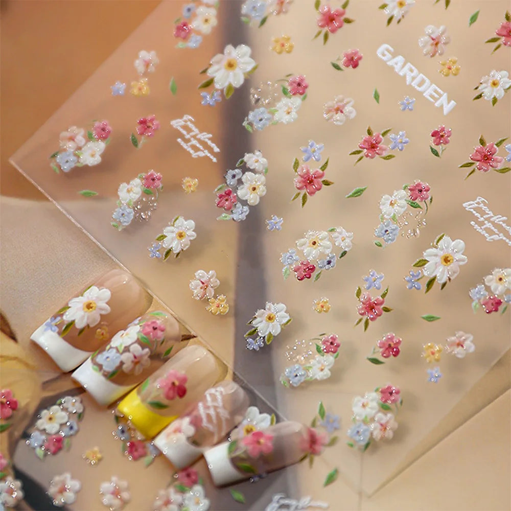 1 Stück 5D Elegante Rosa-Weiß-Blaue Blumen-Nagelaufkleber Aurora-Muschel Grüne Blätter Nagelsticker Selbstklebende Mini-Blumen-Nageldekoration