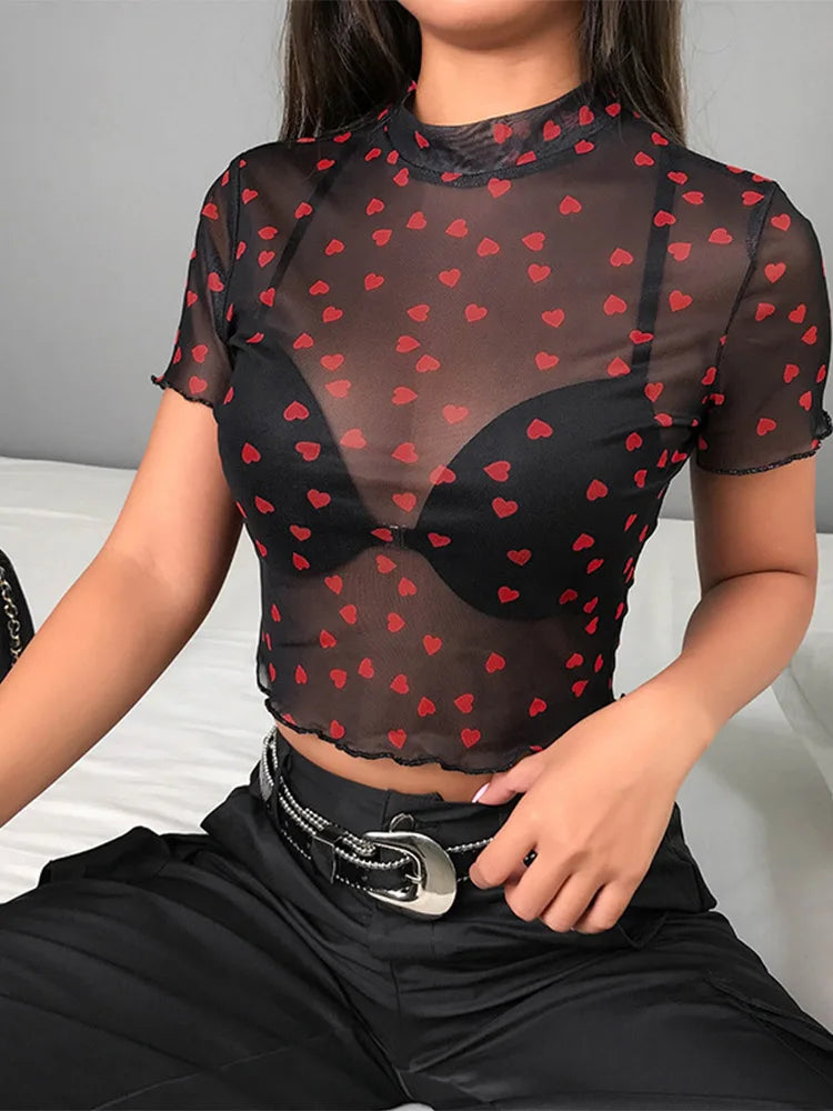 Hot Mesh Herz Roll kragen T-Shirts Tops Frauen transparent durchsichtig weiß schwarz elastisch dünn Crop Tops dehnbar neu
