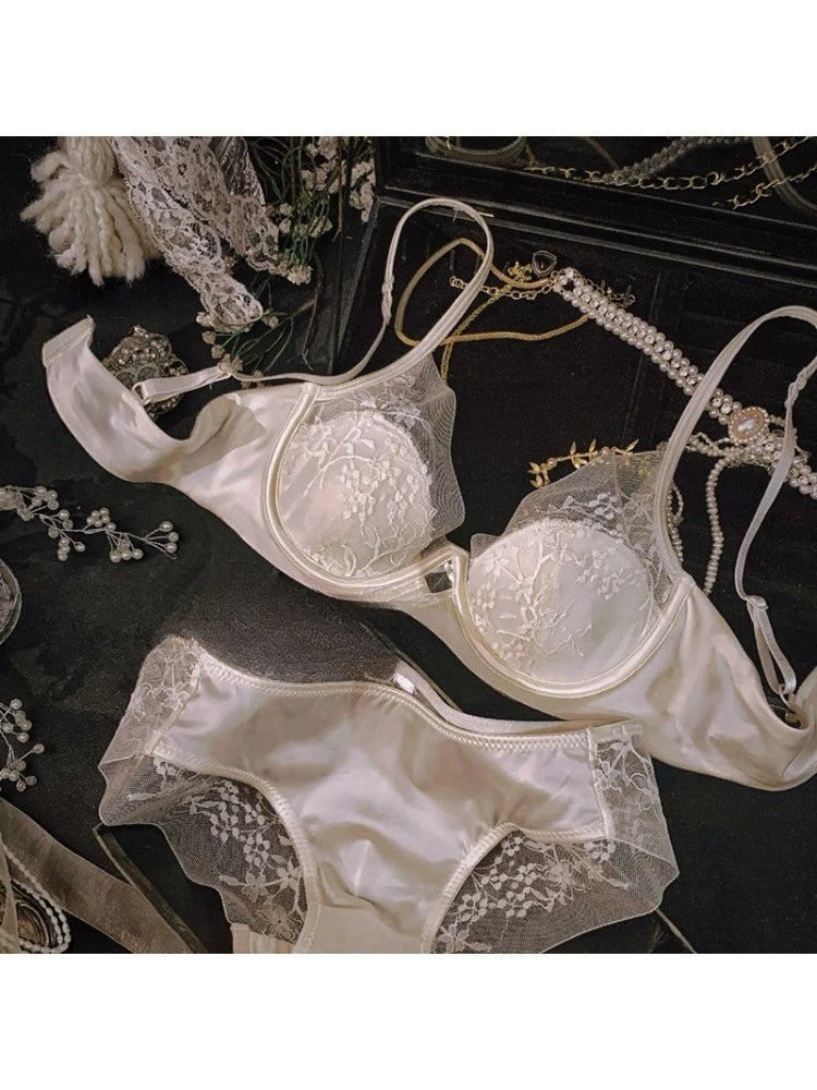 Sexy Spitzen-BH und Höschen-Set, Push-Up-Minimizer, tiefer Bügel, Demi-Cup für Damen, Partykleidung, durchsichtiges Push-Up-Minimizer-BH-Set aus Satin