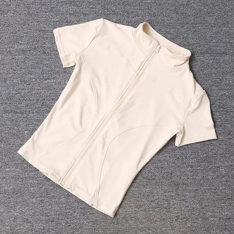 Sommer Hohe Qualität Taille Abnehmen Training Tops frauen Schnell trocknend Engen Stehkragen Voll Zipper Kurzen Ärmeln Yoga shirts