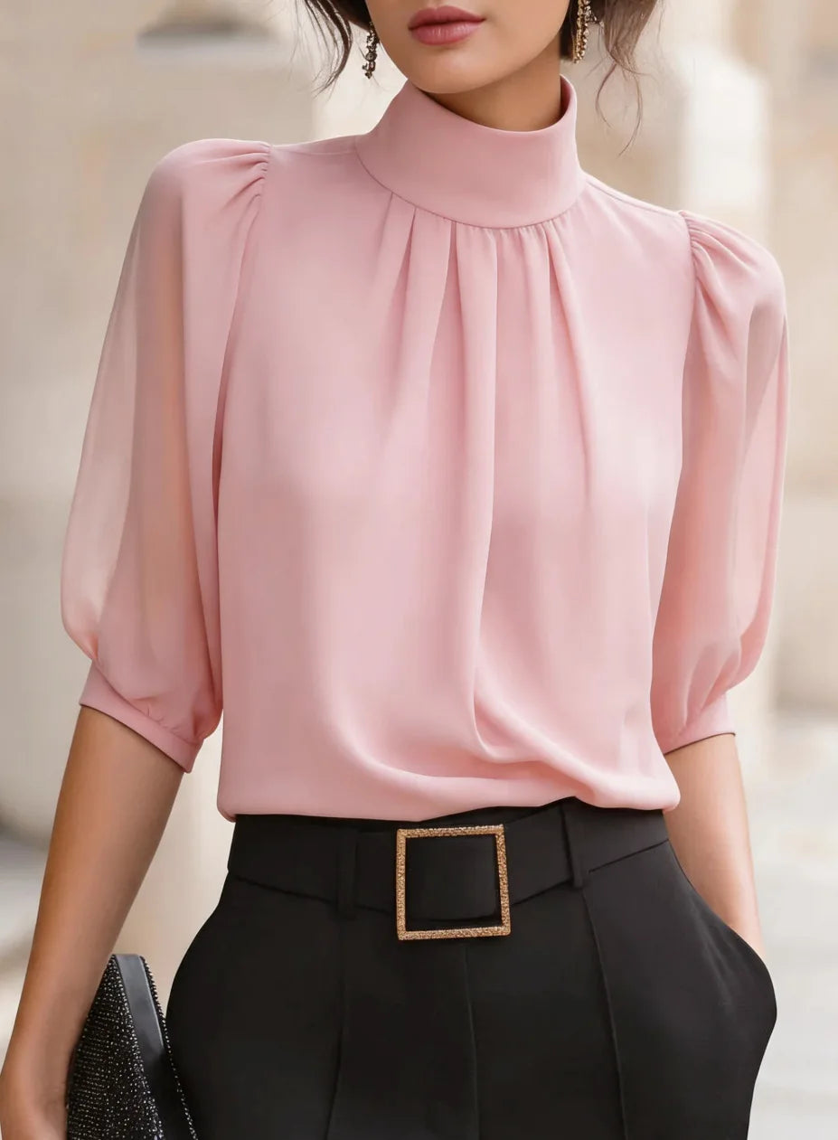 Hochgeschlossene Chiffon-Bluse mit geraffter Vorderseite und Puffärmeln, elegantes Büro- und Pendler-Outfit, locker sitzendes Damen-Oberteil