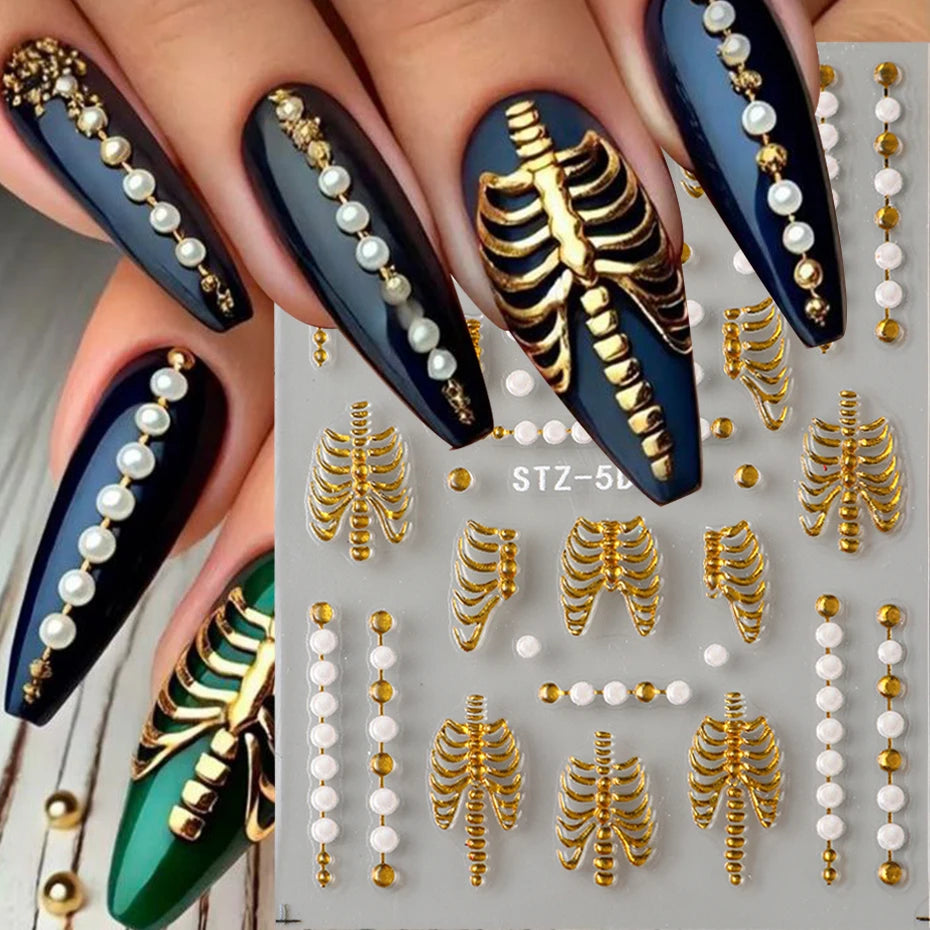1/2 Stück 5D Skelett Rose Weiße Perle Nail Art Aufkleber Eleganter Modestil Gold Roségold Farben DIY Maniküre Dekoration Tipps