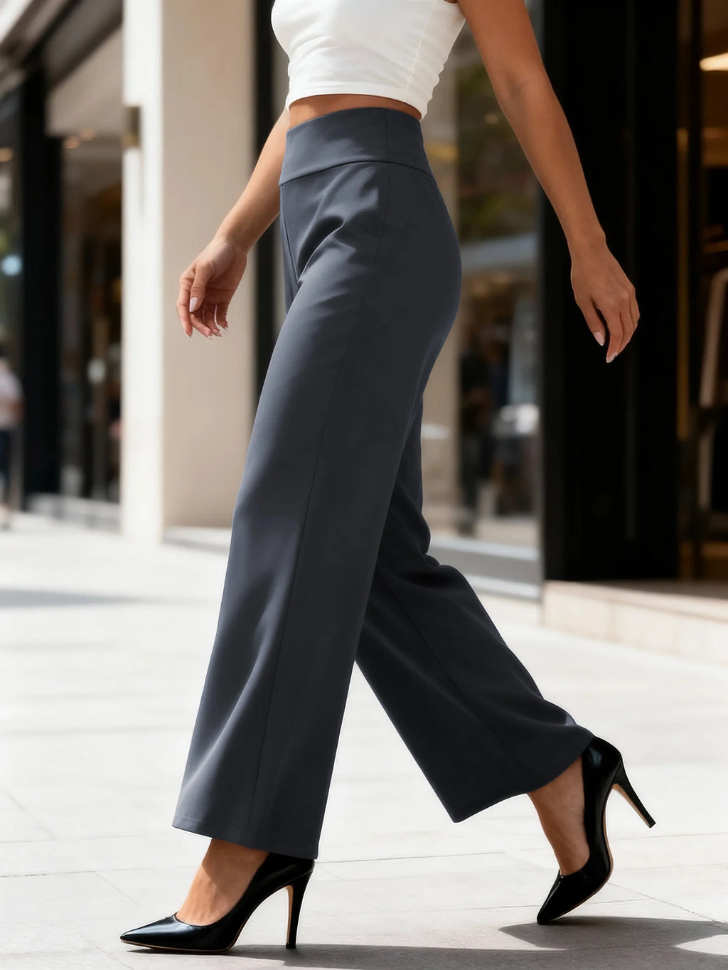 Damen-Hose mit hoher Taille, Stretch, in voller Länge, weites Bein, bequem und atmungsaktiv, lässig, für den täglichen Pendelverkehr, Büro, Straße.