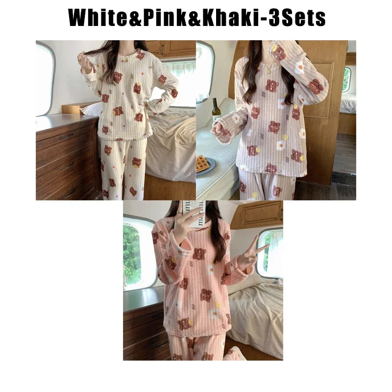 Herbst-Winter-Nachtwäsche, zweiteiliges Set, bezaubernder Pyjama aus pfirsichfarbenem Korallen-Flanell, modische warme Loungewear für Zuhause darüber hinaus