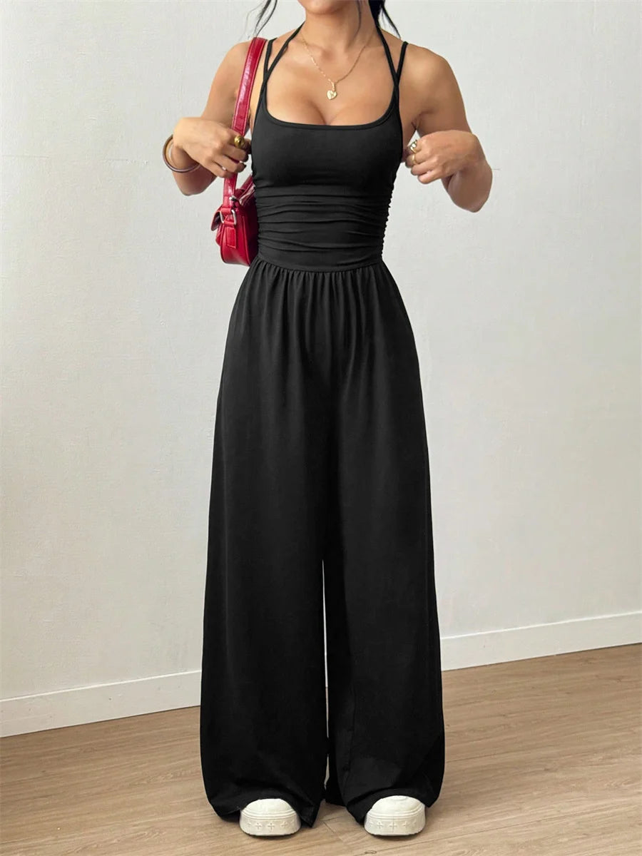 Damen-Jumpsuit mit Neckholder, geraffter Taille, U-Ausschnitt, weitem Bein, einfarbig, Sommer 2026, Alltagskleidung, Freizeit, für Büro und Studenten