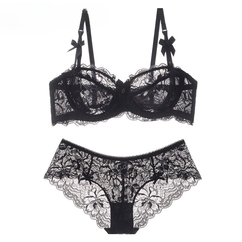 MOYISU Sommer-Dessous-Set, transparente französische Spitze, Minimiser-BH, Slip, ultradünn, sexy Damenunterwäsche, große Brust, sexy, zerknitter und Höschen