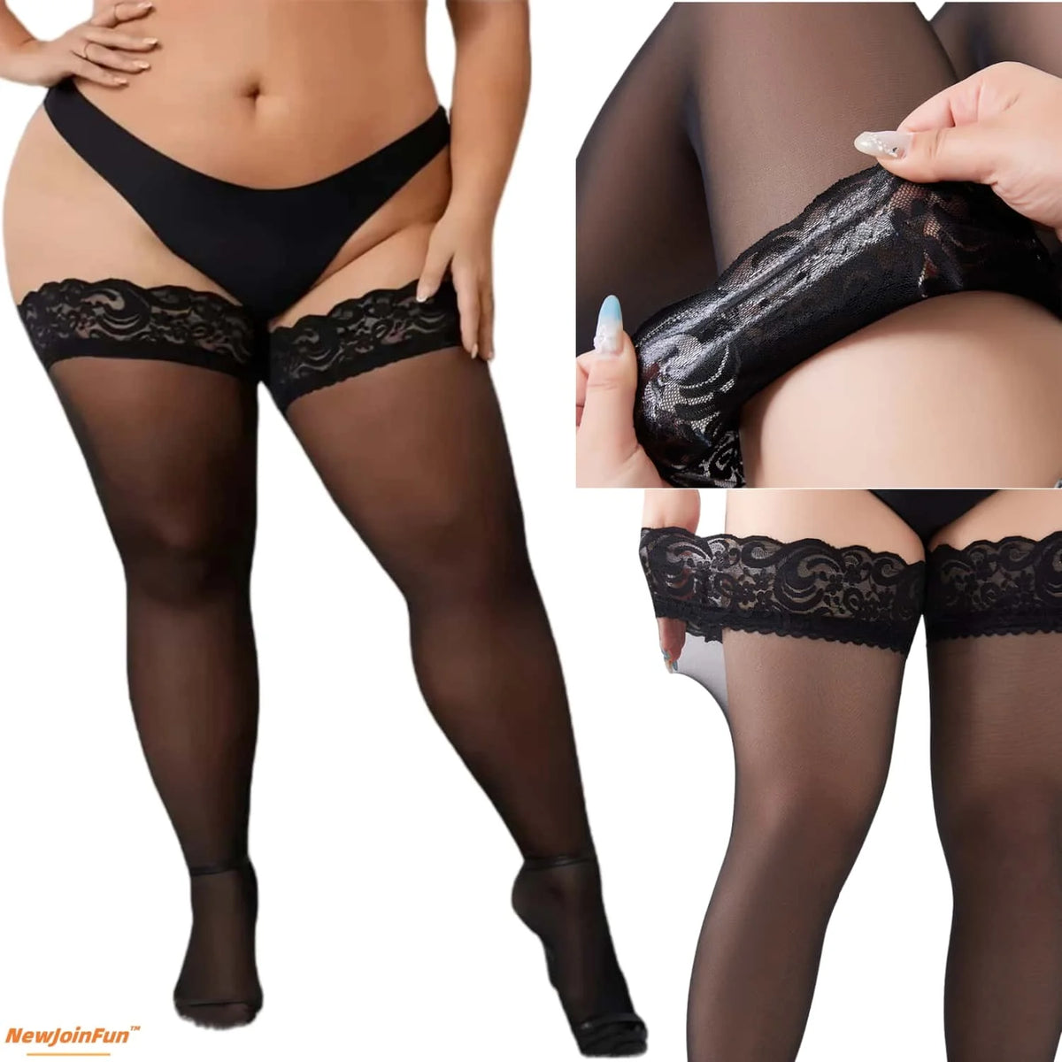 NEWJOINFUN Plus große Größe Spitze Anti-rutsch Strümpfe Frauen Sexy Oberschenkel Hohe Knie Ultra-dünne Fishnet Lange Socken schwarz Strumpf XXXL