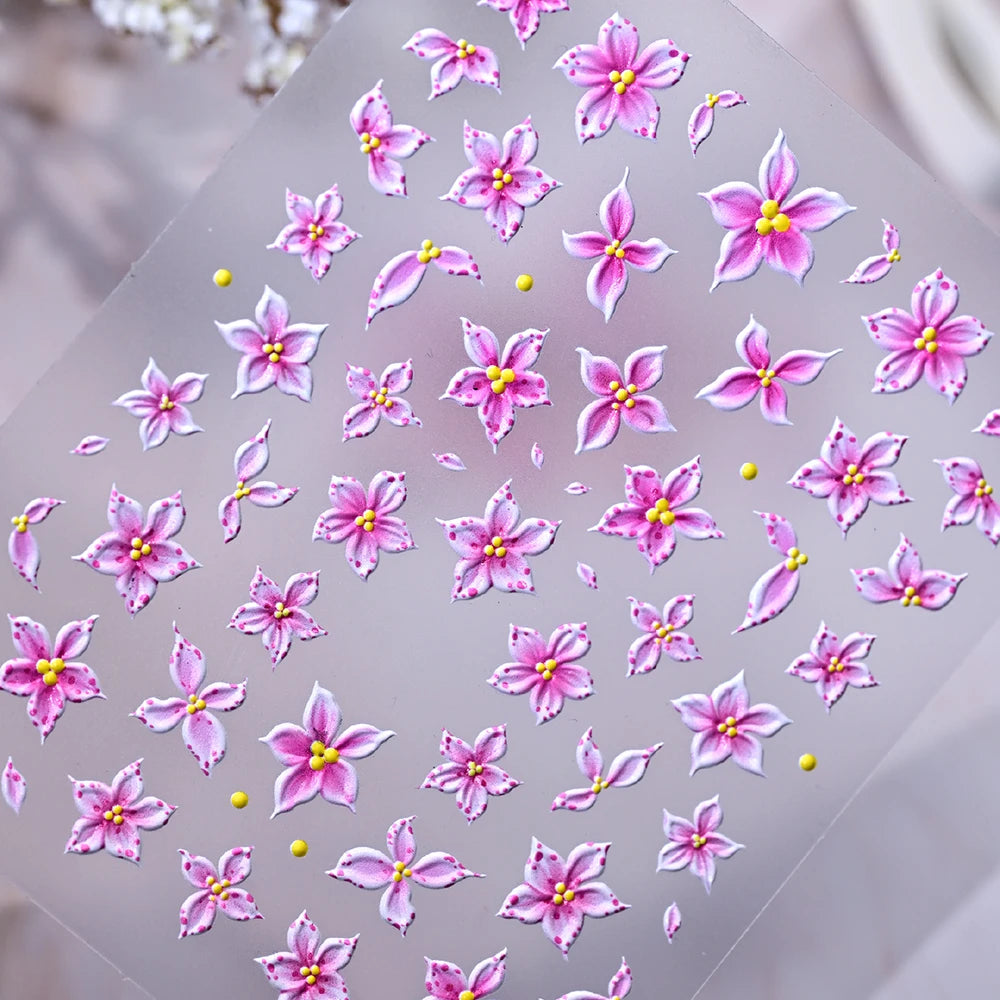 5D Relief Ombre Rosa Fünfblättrige Nagelkunst-Aufkleber Niedliche Weiche Lilien-Blumen Nagelsticker 8*10cm Selbstklebende Rosa Blumen-Nagelsliders