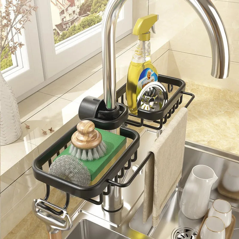 Küche Raum Aluminium Waschbecken Abfluss Rack Schwamm Lagerung Wasserhahn Halter Seife Abtropffläche Regal Korb Organizer Bad Zubehör