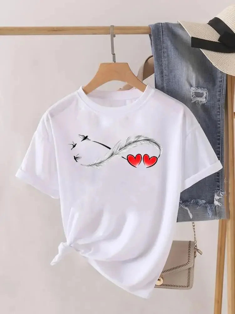 Liebe Herz Feder Trend Frauen Mode Kleidung Grafik T-Shirts Kleidung drucken weibliches Hemd Kurzarm Dame lässig T-Shirt