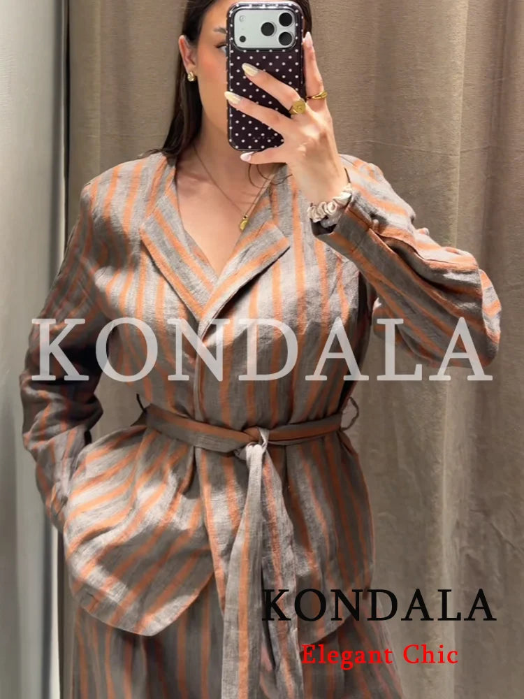 KONDALA Damen Streetwear Chic Gestreiftes Blazer-Set Gürtelblazer Elastische Taille Taschenhose Neue Mode 2026 Frühling Herbst Pendler-Set
