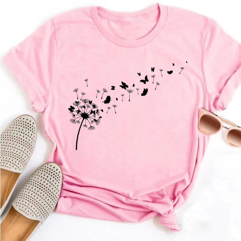 Neue Löwenzahn gedruckt Frauen T-Shirt Cartoon Grafik gedruckt schwarz Damen T-Shirt lässig Frau Shirt lustige T-Shirts