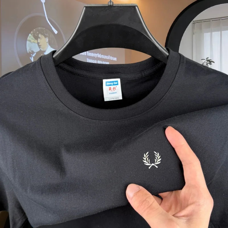 100% reine Baumwolle, hochwertiges Marken-Herren-T-Shirt mit Rundhalsausschnitt und kurzen Ärmeln, Sommermode, luxuriöses Weizen-Stickerei-Design, lässiges T-Shirt