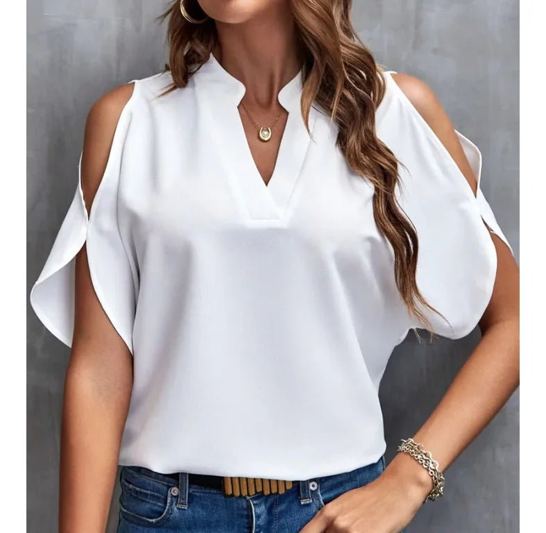 Große Größe neue Sommer und Herbst Damen Bluse Shirt modische V-Ausschnitt Solid Tops Kurzarm Damenbekleidung