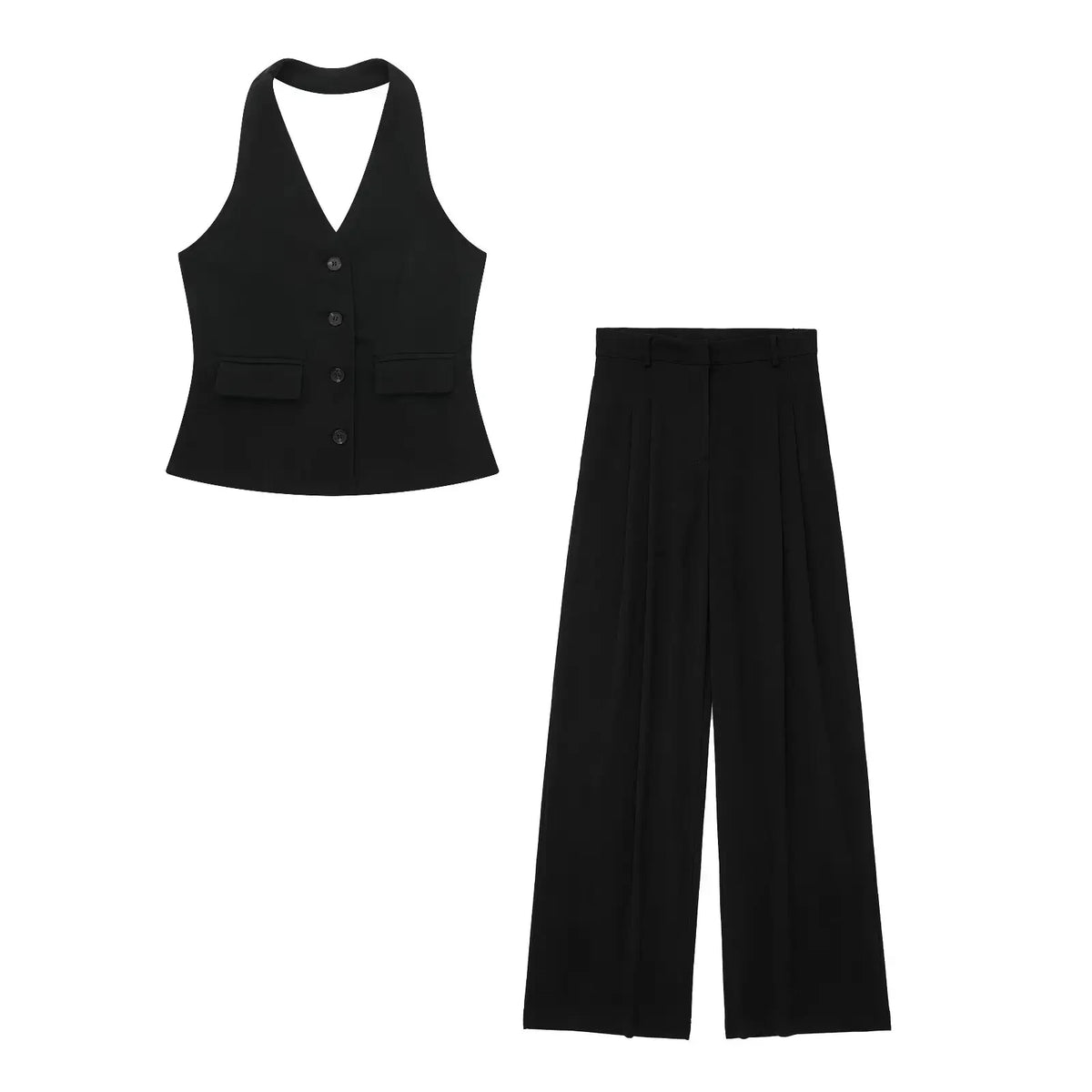 HH 2024 Frauen Fashion Solid Weste Hose Anzug Tasche Ärmellose Neckholder Weste Top + Hohe Taille Zipper Breite Bein hose Büro Dame Set