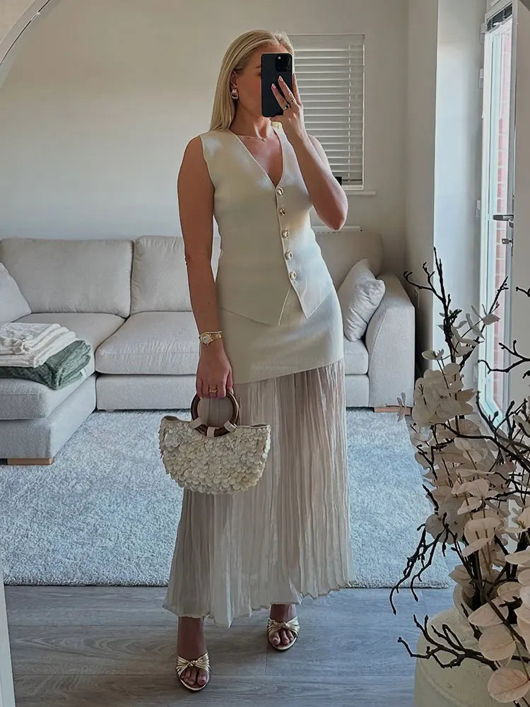 HH Frauen Elegante Solide Strick Weste Röcke Anzug V-ausschnitt Einreiher Westen Tops Hohe Taille Patchwork Rock Sommer Outfits