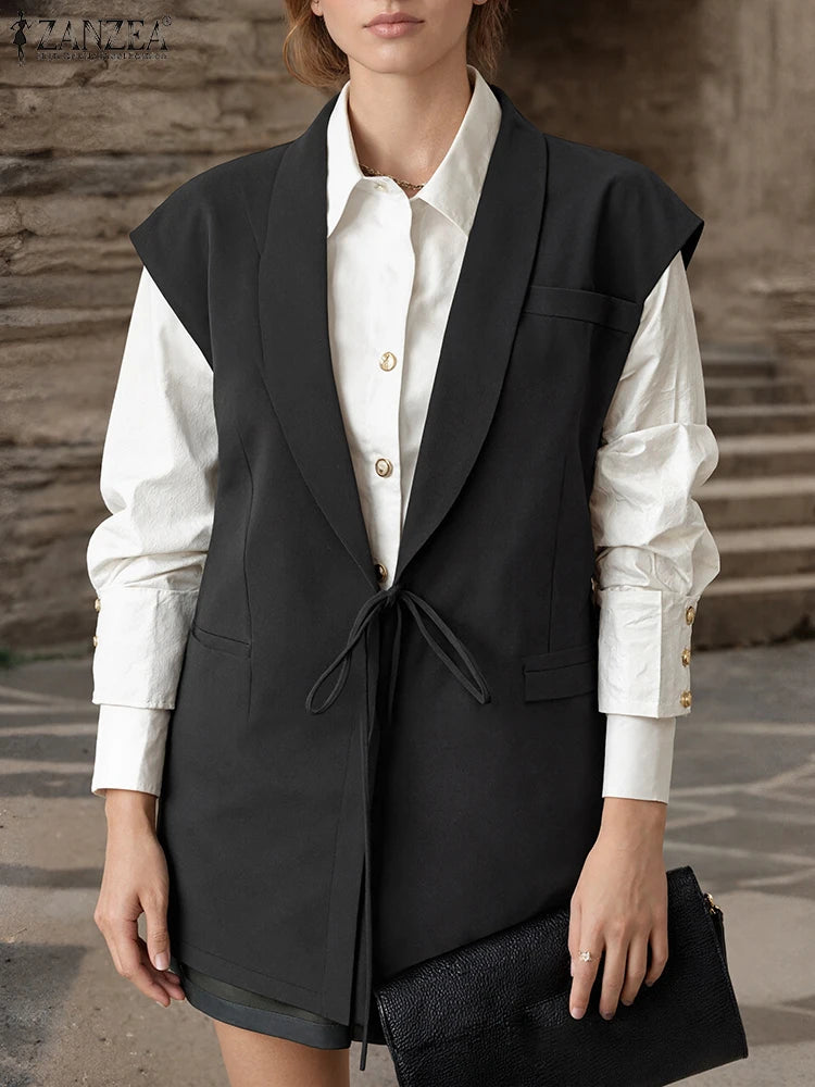 2025ZANZEA Herbst Frauen Outwear Mode Ärmellose Weste Revers Kragen Weste Elegante Spitze Up Blazer Streetwear Büro Jacken