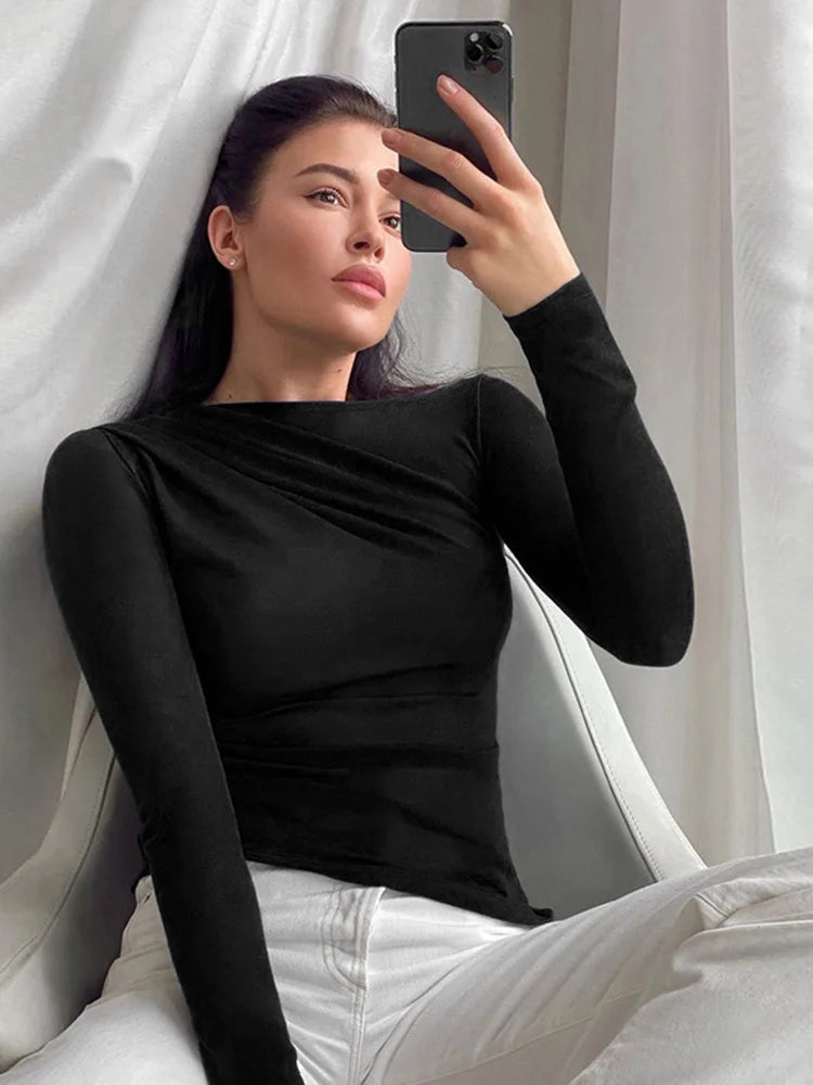 Langarm Top weiß T-Shirts Frauen Basic Crop Top Herbst Pollover solide Schräg hals T-Shirt Streetwear Basic schwarz y2k T-Shirts