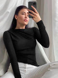 Langarm Top weiß T-Shirts Frauen Basic Crop Top Herbst Pollover solide Schräg hals T-Shirt Streetwear Basic schwarz y2k T-Shirts