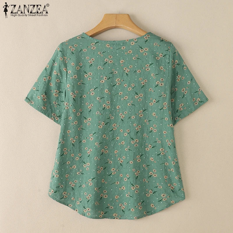 2026 ZANZEA Sommer Bedruckte Bluse Damen Lässige Halbarm-Blumen-Tunika-Oberteile O-Ausschnitt Arbeitshemd Bohemian Loose Fit Urlaubsblusen
