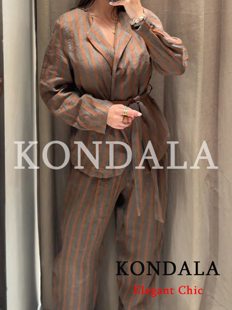 KONDALA Damen Streetwear Chic Gestreiftes Blazer-Set Gürtelblazer Elastische Taille Taschenhose Neue Mode 2026 Frühling Herbst Pendler-Set