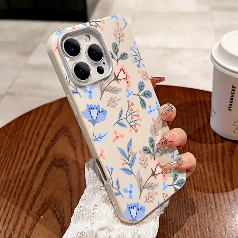 Blumendruck Luxus milchig weiß Lichee Muster Handyhülle für iPhone 17 16 15 14 13 12 11 Pro Max XS XR 7 8 Plus 16e Cover Funda