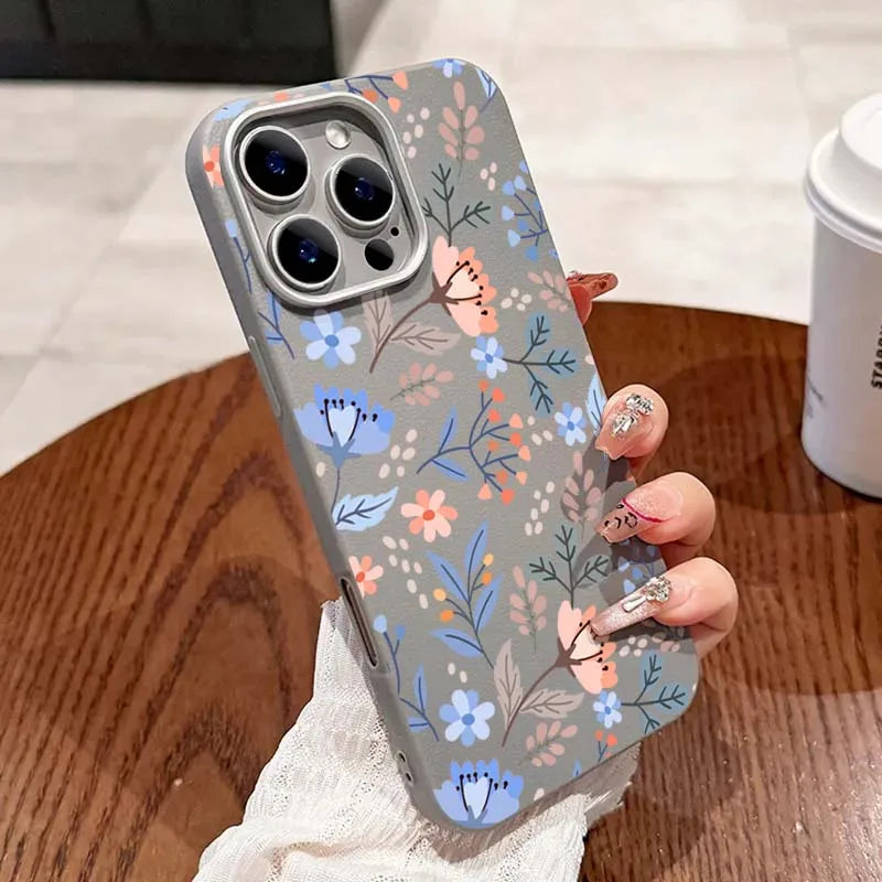 Blumendruck Luxus milchig weiß Lichee Muster Handyhülle für iPhone 17 16 15 14 13 12 11 Pro Max XS XR 7 8 Plus 16e Cover Funda