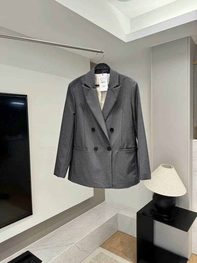 ETJ 2025 Frühjahrsneues Anzugset für Damen mit schultergepolstertem Zweireiher-Blazer und hoch taillierter, plissierter Hose mit weitem Bein