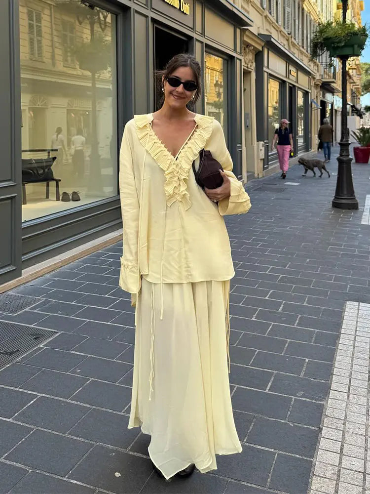 HH Frauen Rüschen Spitze-up Bluse Rock Set Langarm V-ausschnitt Hemd Plissee Midi Rock Mode Dame High Street gelb Outfit