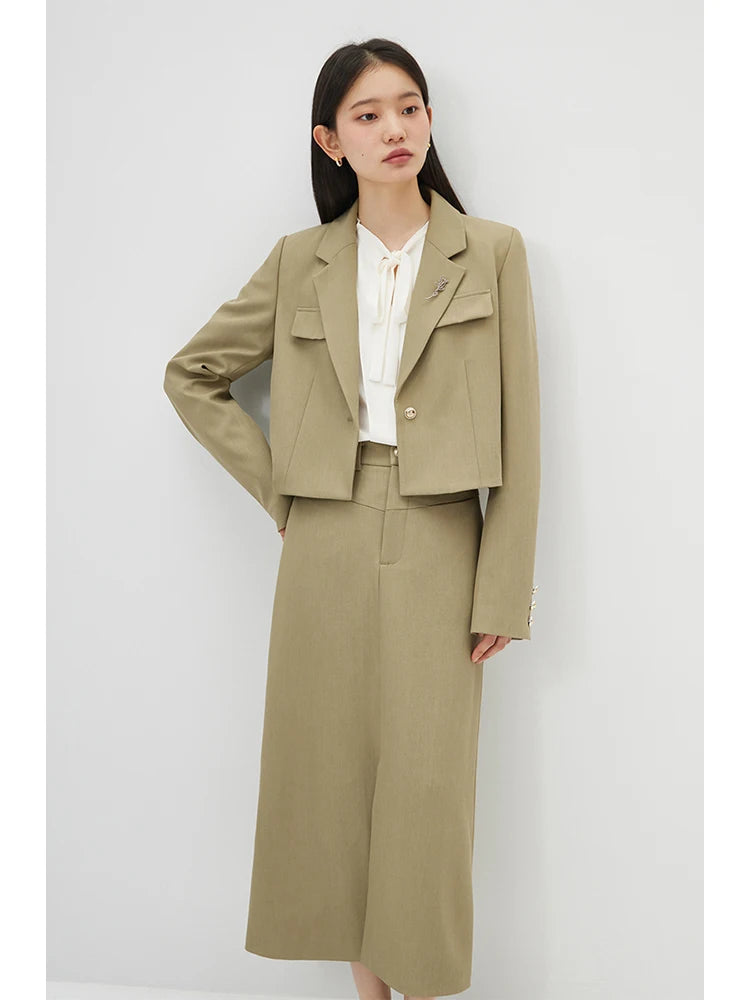 Ziqiao Temperament Ein knopf Brosche Kurz anzug für Frauen Frühling Chic Pendler geraden langen Rock kurze Blazer Jacke weiblich