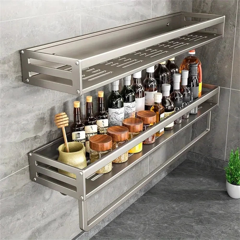 Wandmontiertes Gewürzregal aus Aluminium, multifunktionales Gegenstandsregal, Küchenutensilien, Haken, Aufbewahrungsregal für Küchengewürze