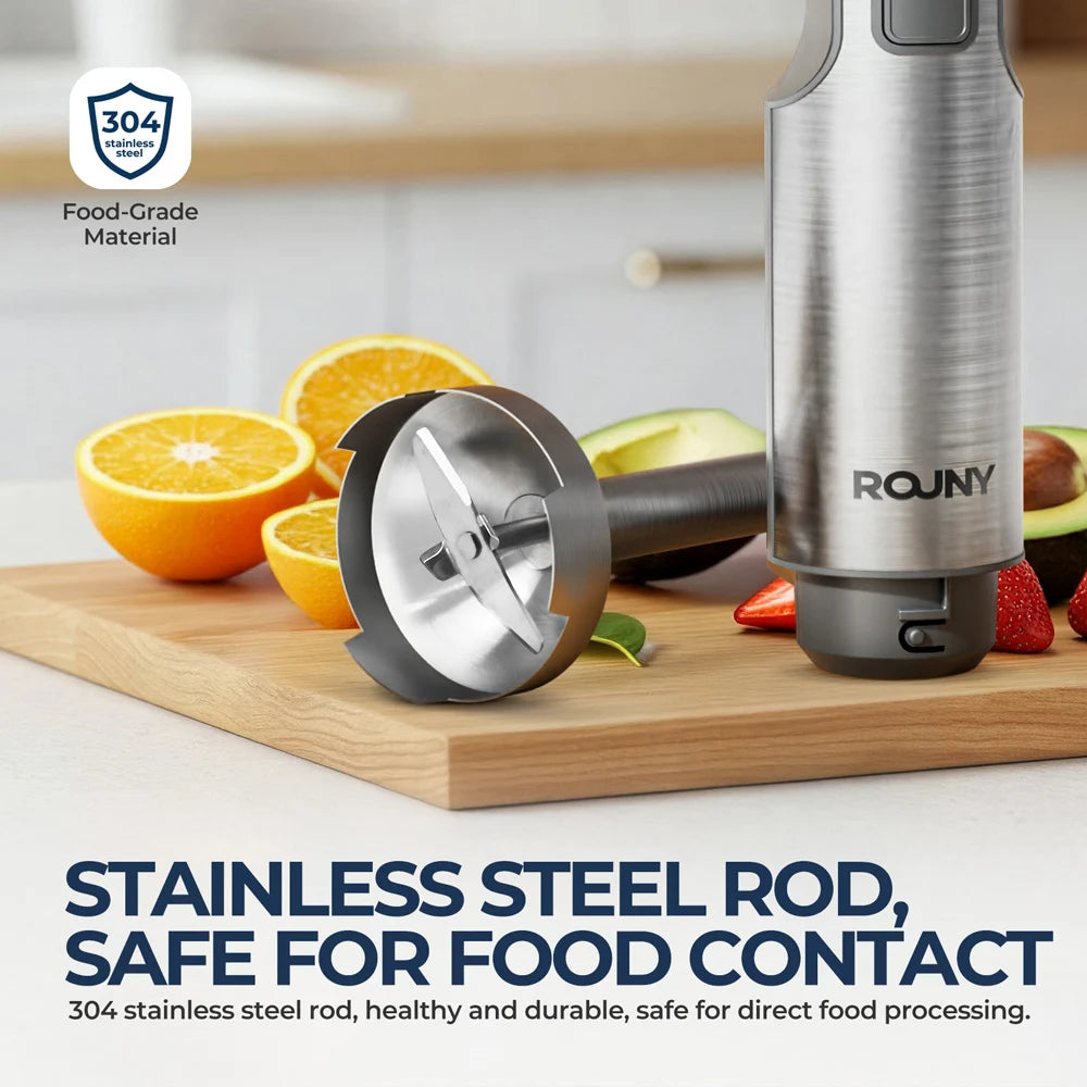 ROUNY 4-in-1-Handmixer, 1000 W, leistungsstarker Stabmixer aus Edelstahl, 700 ml Rührbecher, 500 ml Prozessor, Schneebesen