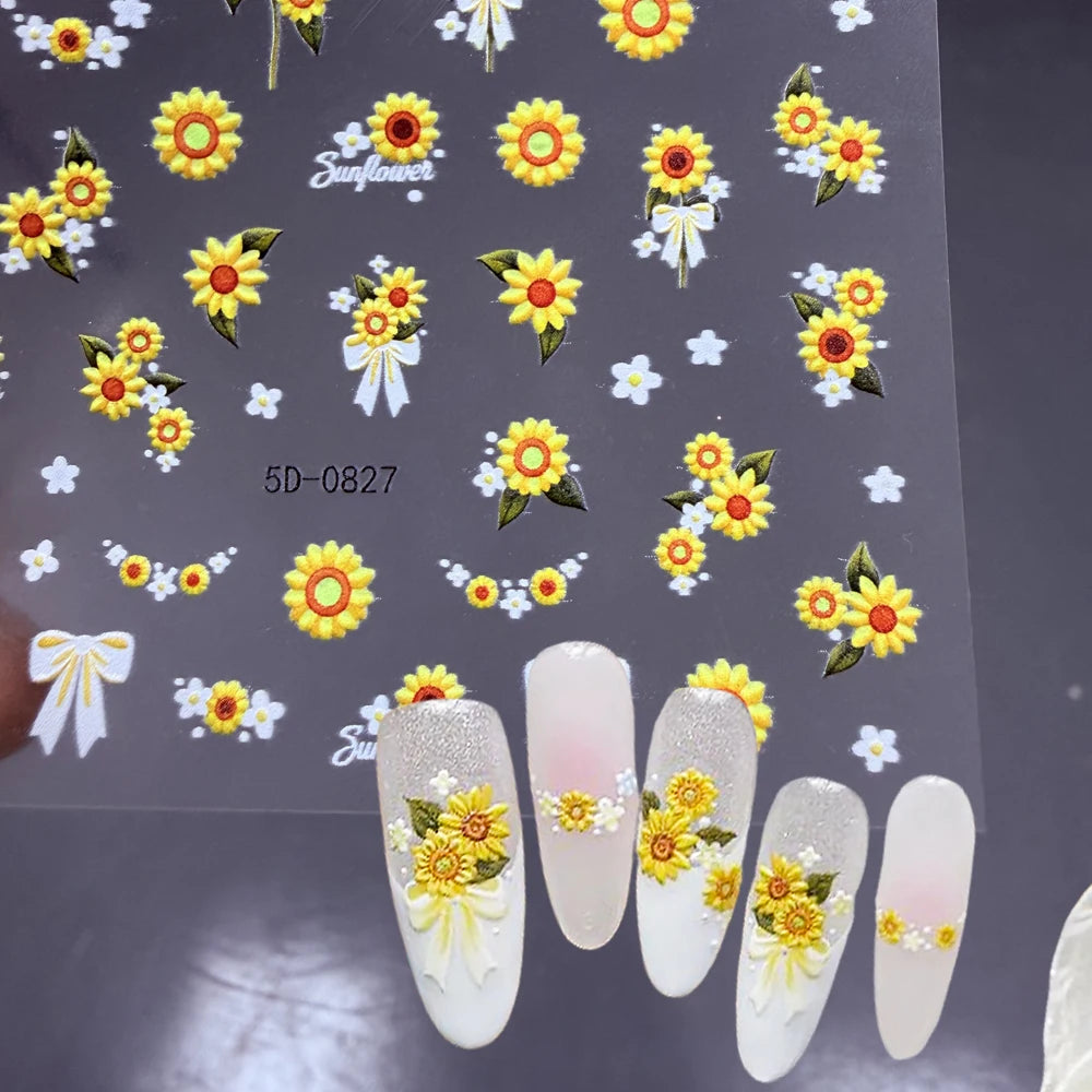 1 Stück 5D Geprägter Sonnenblumen-Nagelaufkleber Weißes Schleifenband Gelbe Gänseblümchen Blumengirlande Nagelsticker DIY Frühling Sommer Maniküre Deko