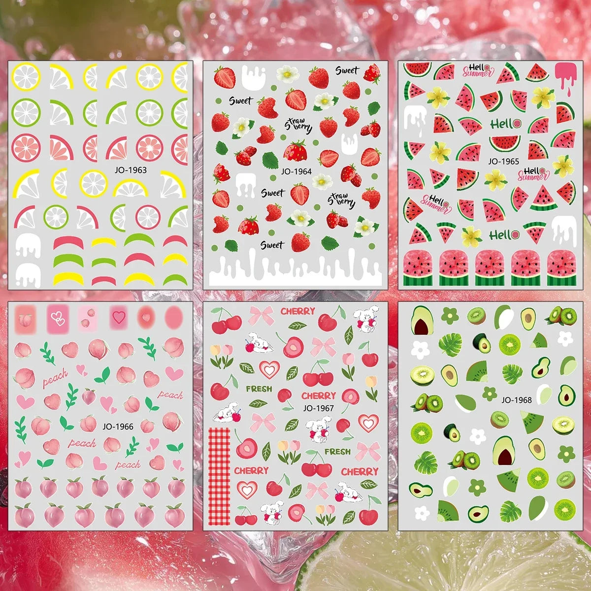 3 bis 12 Blatt 3D-Frucht-Nagelaufkleber Zitrusfrüchte Erdbeere Wassermelone Kirsche Avocado Abziehbilder Selbstklebende Sommer-French-Nagelkunst