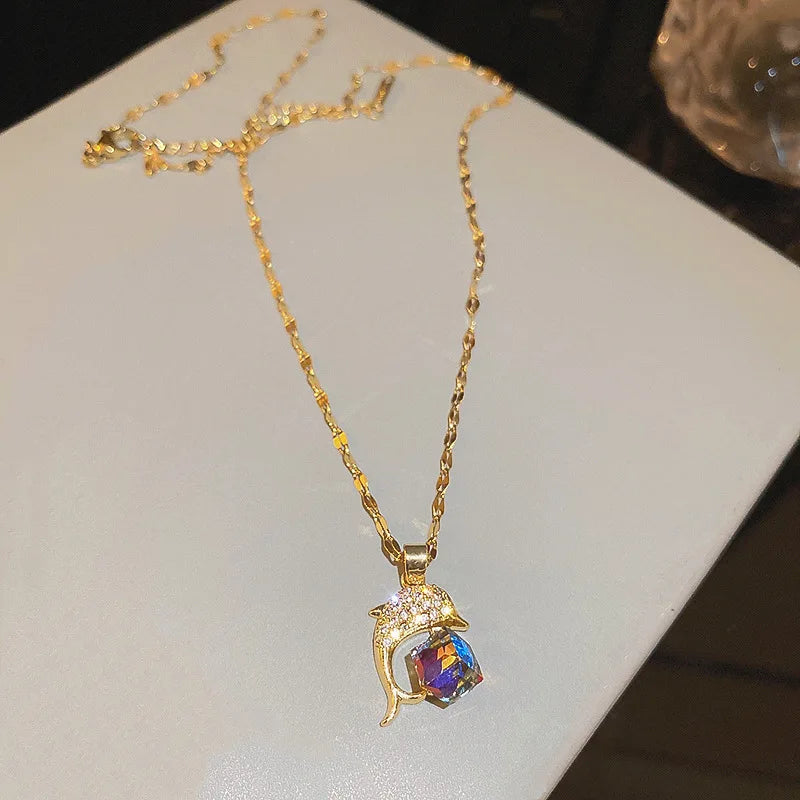 Neue Trendy Zirkon Kristall Anhänger Edelstahl Halskette Für Frauen Koreanische Mode Weibliche Sexy Schlüsselbein Kette Schmuck Großhandel