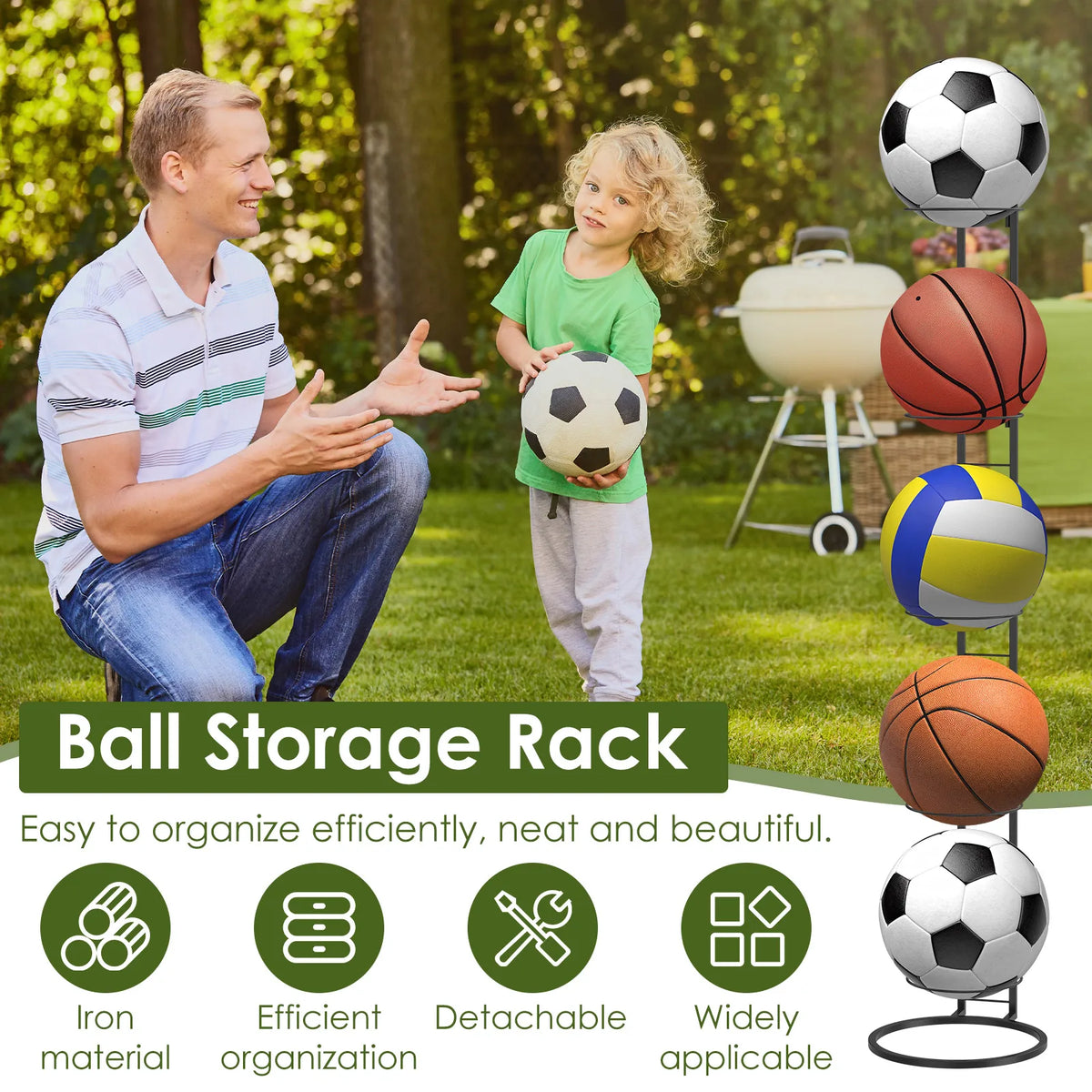 5-stufiges Eisenball-Aufbewahrungsregal, vertikal, abnehmbar, für Zuhause, Innenbereich, Kinder, Basketball, Fußball, Volleyball, Ständer, Platzsparend