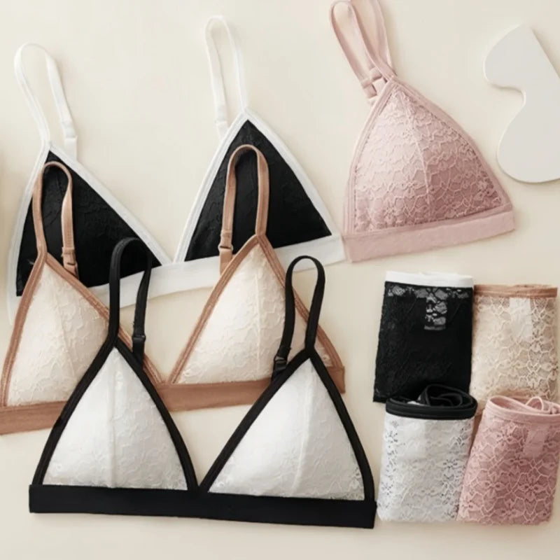 Frauen Spitze BH und Höschen Set drahtlose Bra lette niedrige Taille transparente Höschen weibliche ultra dünne sexy nahtlose Unterwäsche Set