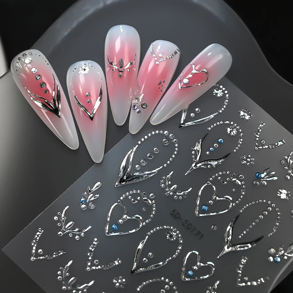 5D Laser French Silver Nagelaufkleber mit glänzenden Diamanten, Herz-/V-förmige Laser-Nagelkunst-Sticker, selbstklebende Maniküre-Dekoration