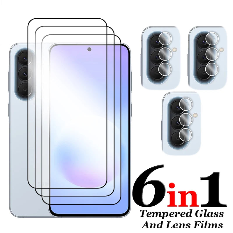 6in1 Schutzglas für Samsung Galaxy A57, für Samsung A07 A17 A37 A57, gehärtetes Glas, 2.5D Vollschutz-Displayschutzfolie für A57, Linsenschutzfolie