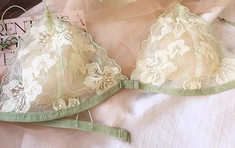 Französisches Nischen-Dessous-Set, besticktes Netz, Dreieck-Cup, kabelloses Bralette, Retro-Spitze, dünn, sexy, bequemer BH, USA Tushy MOYISU
