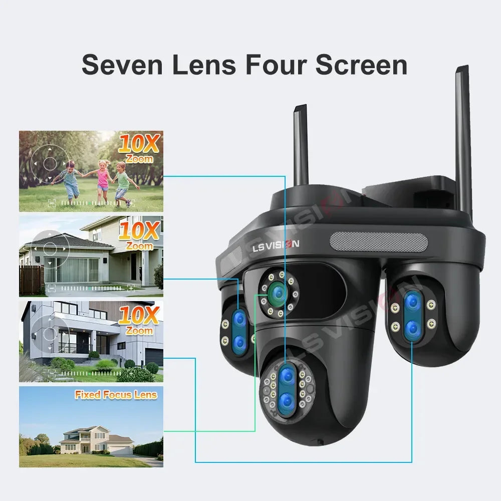 LS VISION 35MP Vier Bildschirme WiFi IP Kamera 10X Zoom Outdoor Sieben Objektiv Drei PTZ Kameras Remote Rotation Auto Tracking CCTV Cam
