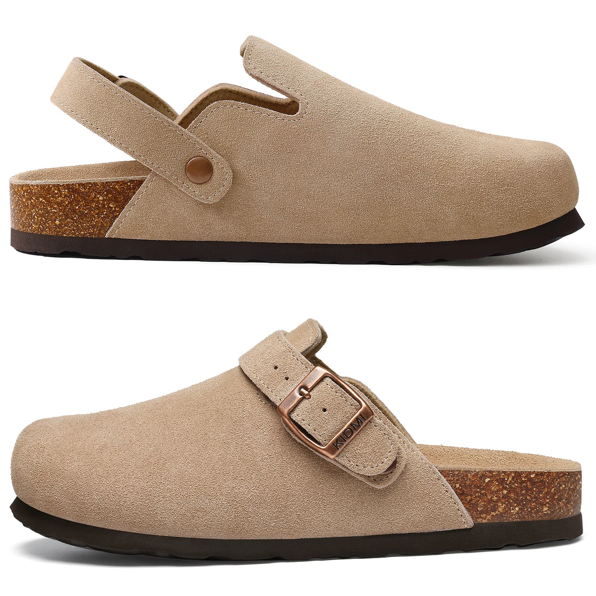 Litfun Neue modische Damen-Clogs mit verstellbarem Riemen, Korkfußbett, Leder-Pantoletten mit Fußgewölbeunterstützung, Unisex-Kartoffelschuhe für den Außenbereich