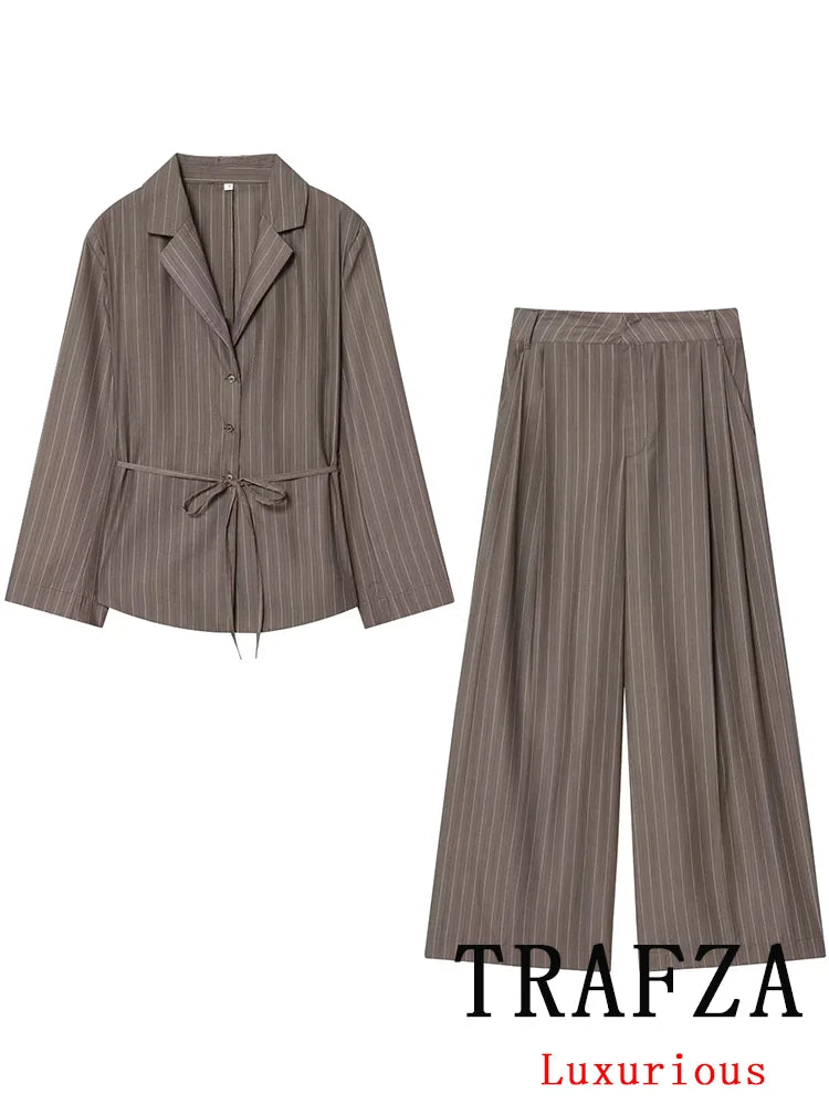 KONDALA Bürodame, schicke braune Anzüge, V-Ausschnitt, gestreift, lockerer Blazer, hohe Taille, weites Bein, Hosen, Mode, 2025, Herbst, lässige Damenanzüge