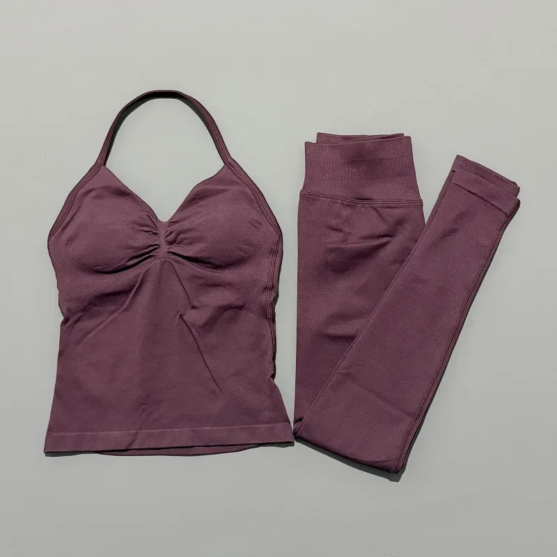 HISTELLO Gym-Leggings-Set, 2-teilig, für Damen, Yoga, lang, mit Trägern, nahtlos, Fitness-Kleidung, Laufen, Workout, Sport-Tops, Outfit