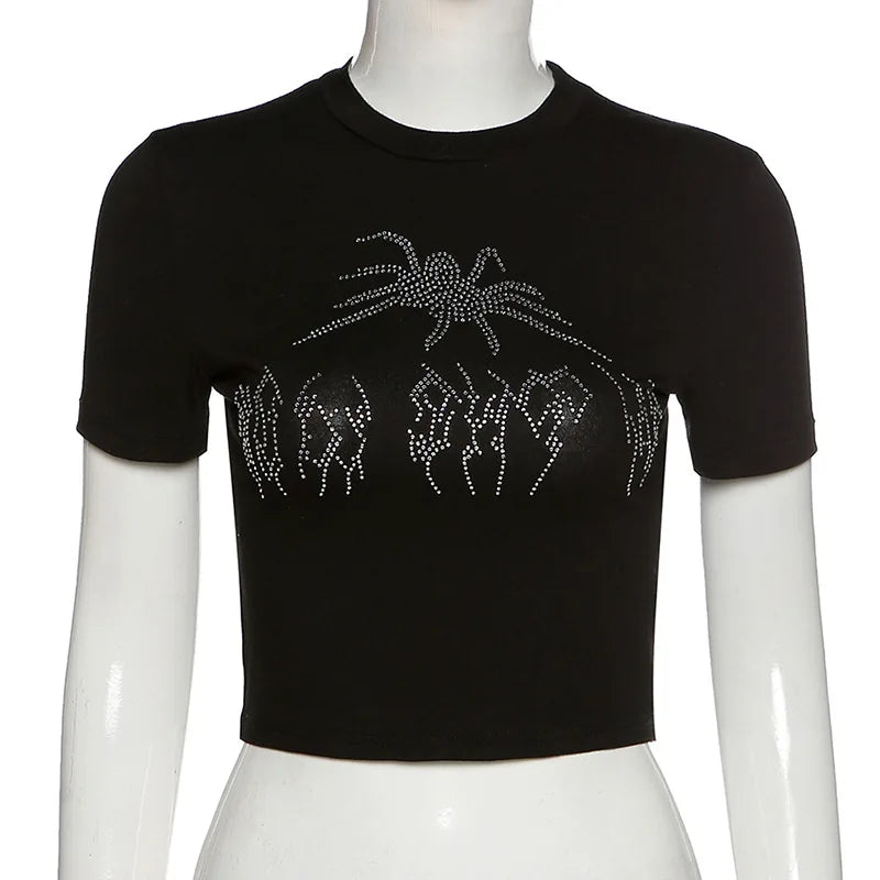 Spinne Strass Sommer Crop Tops Schwarz Y2k Streetwear Sexy Kurzarm Enge T-shirts Für Frauen Schlank Baby T 2000s Kleidung