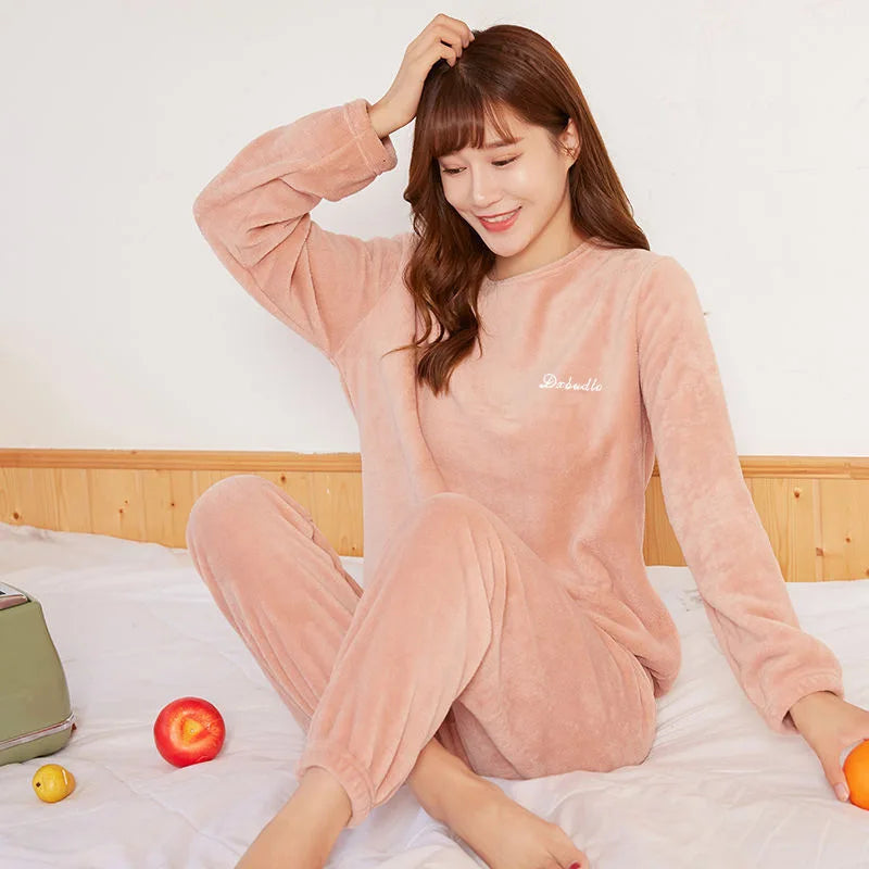 Winter-Pyjama, warmes Pyjama-Set aus Korallen-Fleece, kann außerhalb des Pyjamas getragen werden, lockeres Oberteil, elastische Taille, Hose, Heim- und Freizeitkleidung