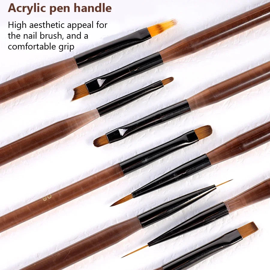 9-teiliges Nagelbürsten-Set, Detail- und Arbeitsstifte, stilvolle braune Griffe, Gel-Nagelkunst, feine Linienmalerei, professionelles Werkzeugset für den Heimgebrauch